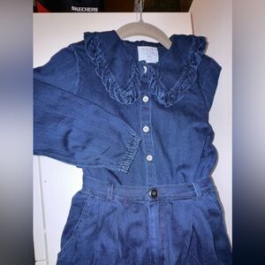 Blue Denim Set. Ruffle Collar Top with Matching Wide Leg Pants.